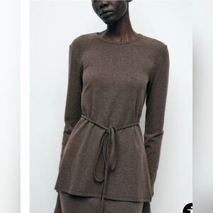 Zara Brown Long Sleeve Knit Sweater with Belt Size S